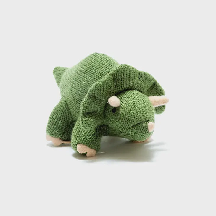 Knitted Dinosaur Baby Rattle - Moss Green Triceratops
