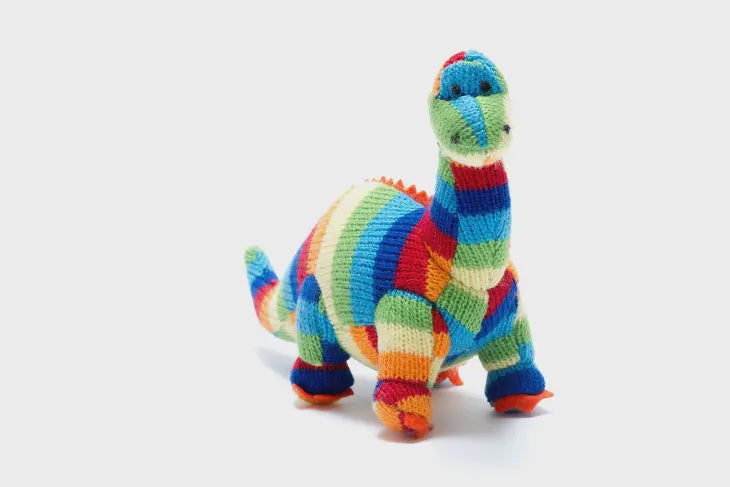 Knitted Dinosaur Baby Rattle - Bold Stripe Diplodocus