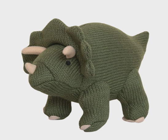 Knitted Dinosaur Plush Toy - Moss Green Triceratops