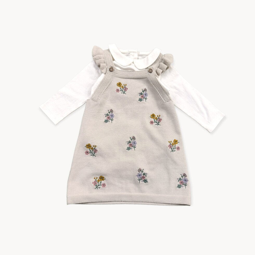 Floral Knit Tunic Baby Dress Set - Stone