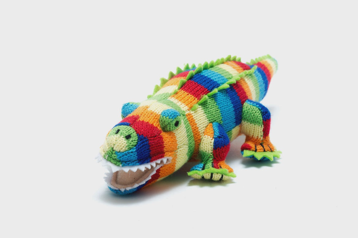 Knitted Crocodile Baby Rattle - Bold Stripe