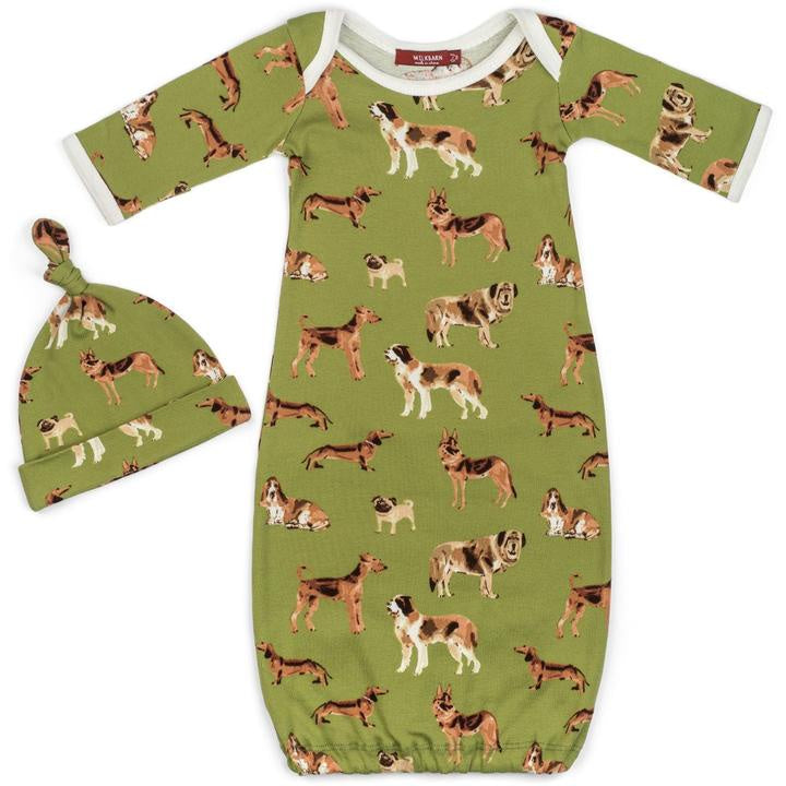 Newborn Gown & Hat Set - Green Dog