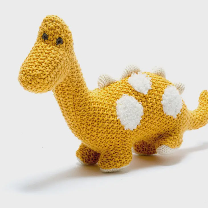 Small Knitted Organic Cotton Dinosaur Plush Toy - Mustard Diplodocus