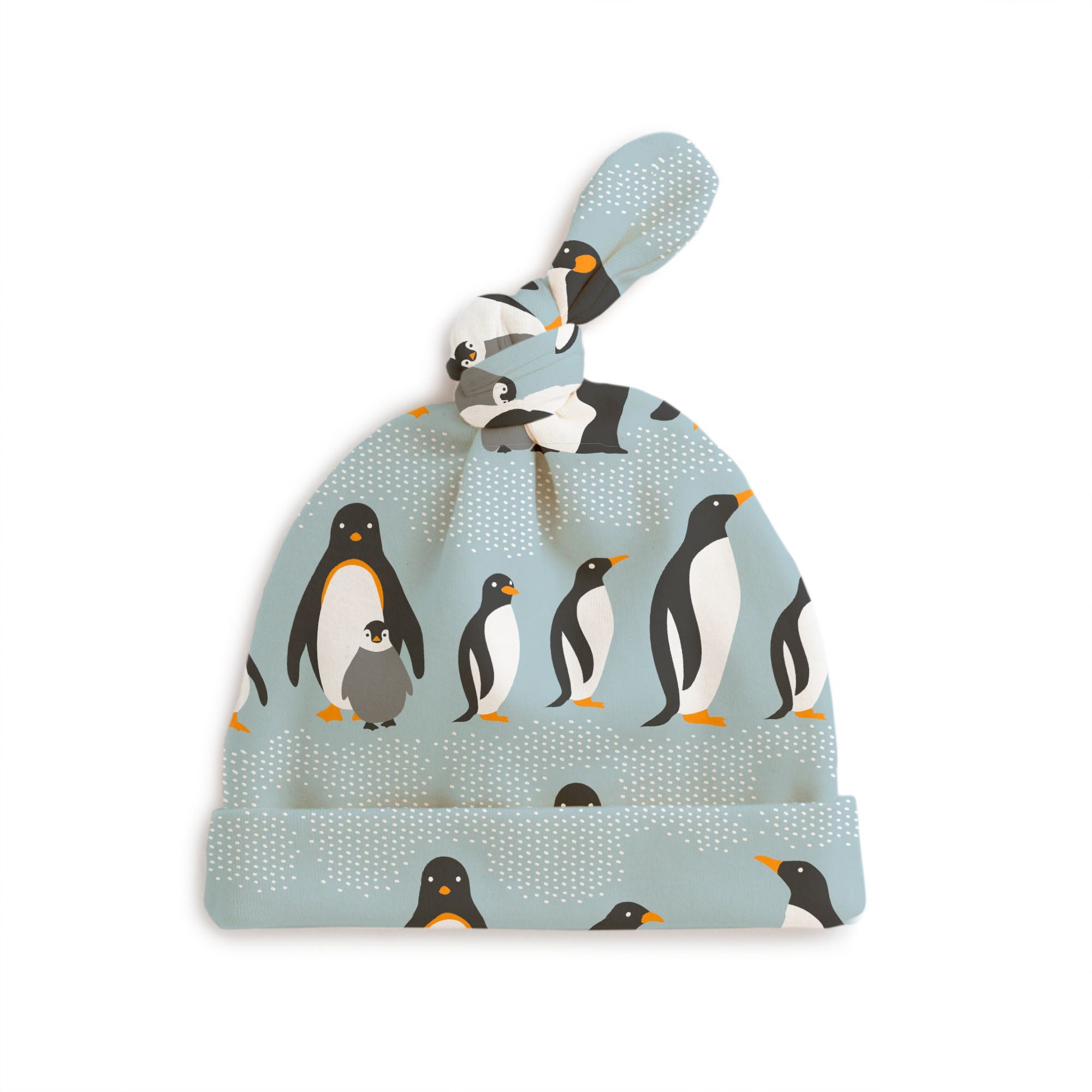 Organic Cotton Knotted Baby Hat - Penguins Pale Blue