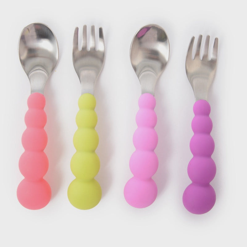 CB EAT Silicone and Stainless Baby Flatware Set - Pink/Chartreuse