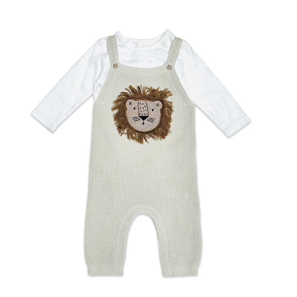 Lion Applique Baby Overall Knit Set - Stone