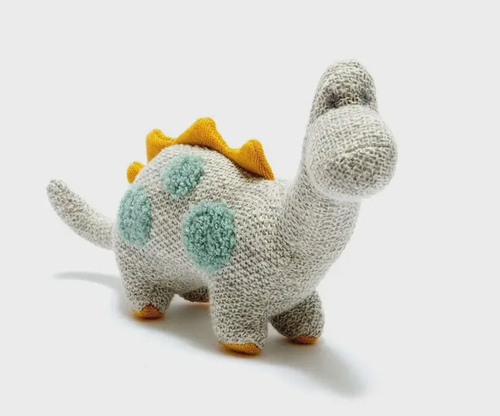 Small Knitted Organic Cotton Dinosaur Plush Toy - Grey Spotted Diplodocus