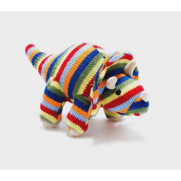 Knitted Dinosaur Baby Rattle - Stripe Triceratops