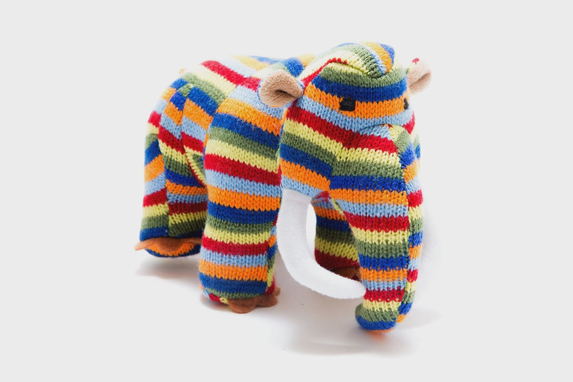 Knitted Woolly Mammoth Baby Rattle - Bright Stripe