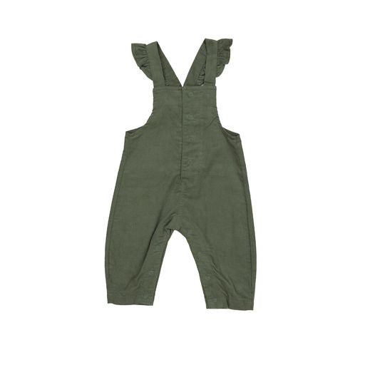 Corduroy Front Snap Baby Ruffle Overalls - Oil Green