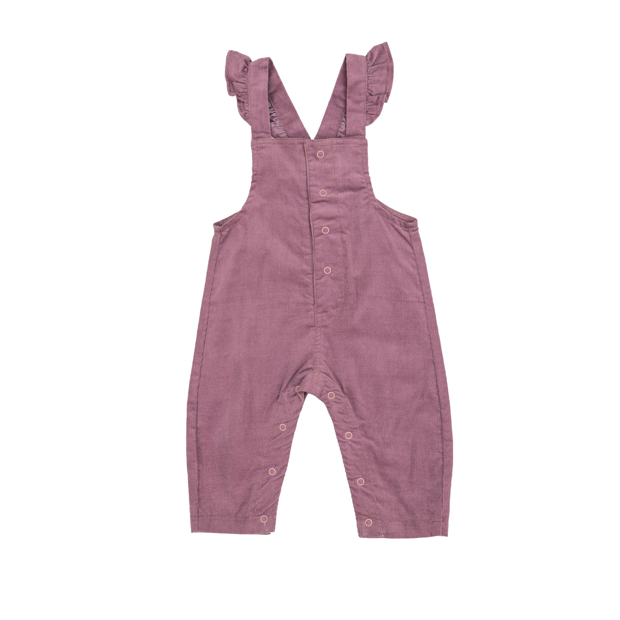 Corduroy Front Snap Baby Ruffle Overalls - Dusty Orchid