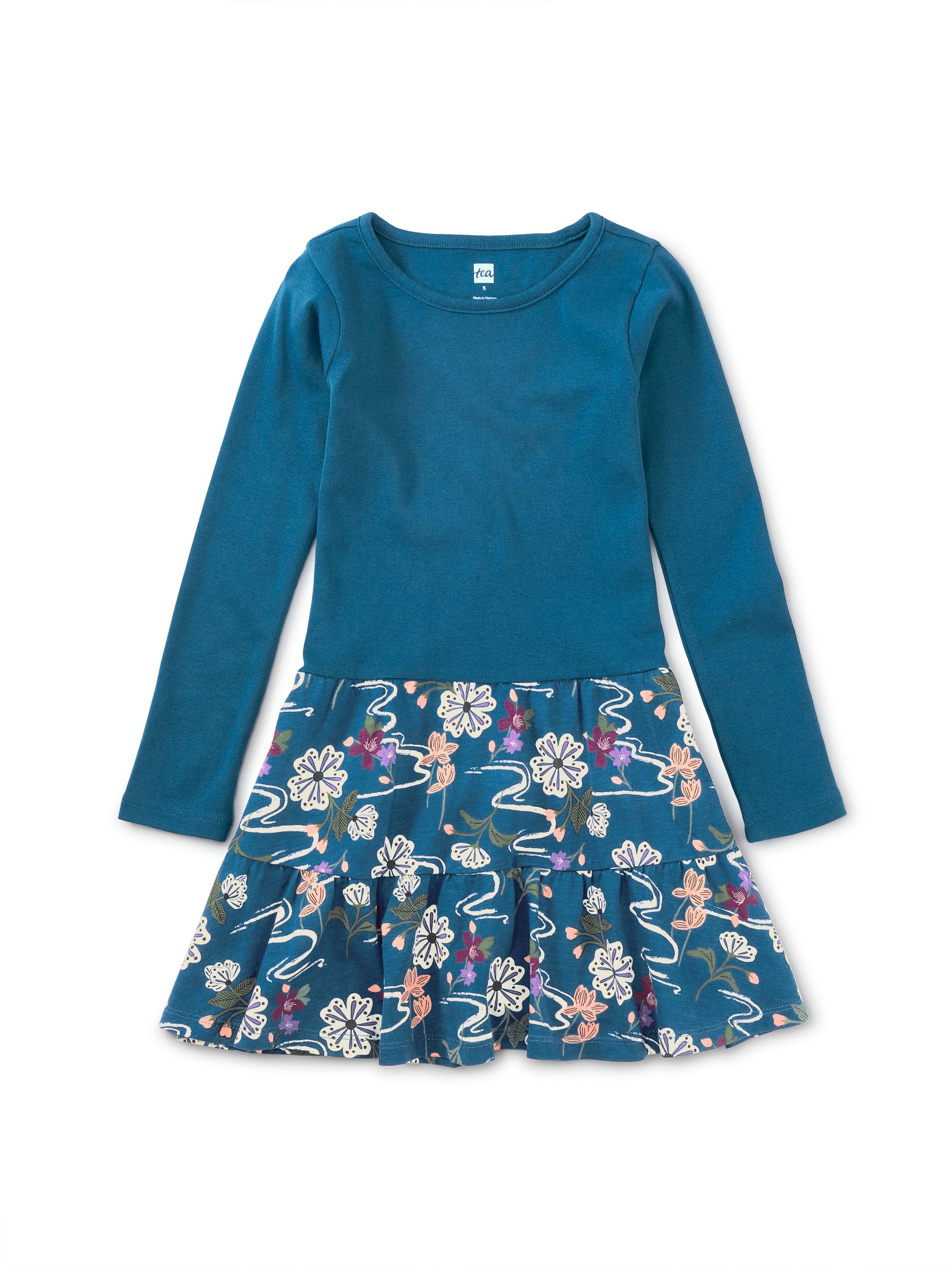 Long Sleeve Tier Skirted Twirl Dress - Water Floral Blue